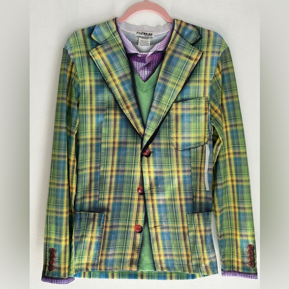 Plaid Jacket Layered Sweater Button Down Faux Real Long Sleeve Tee Costume